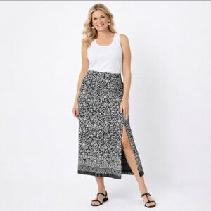 Talbots Petites 100% Silk Black White Floral Midi Skirt Side Slit 10P